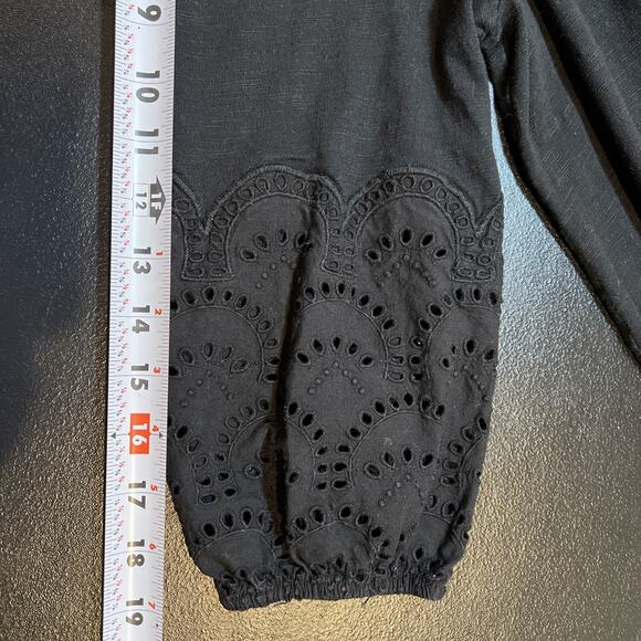CHICO'S Tee Shirt Women's 1/Medium Black Laser Cut Eyelet 3/4 Sleeve Slub Cotton - Picture 9 of 9